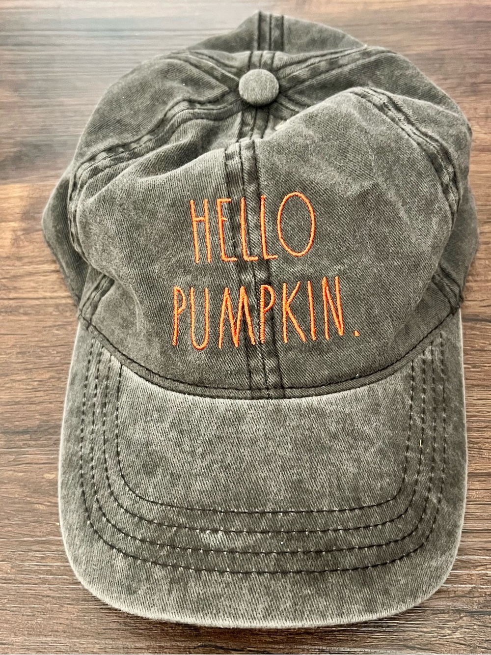Rae Dunn Grey 'Hello Pumpkin' Baseball Cap with Orange Embroidery
